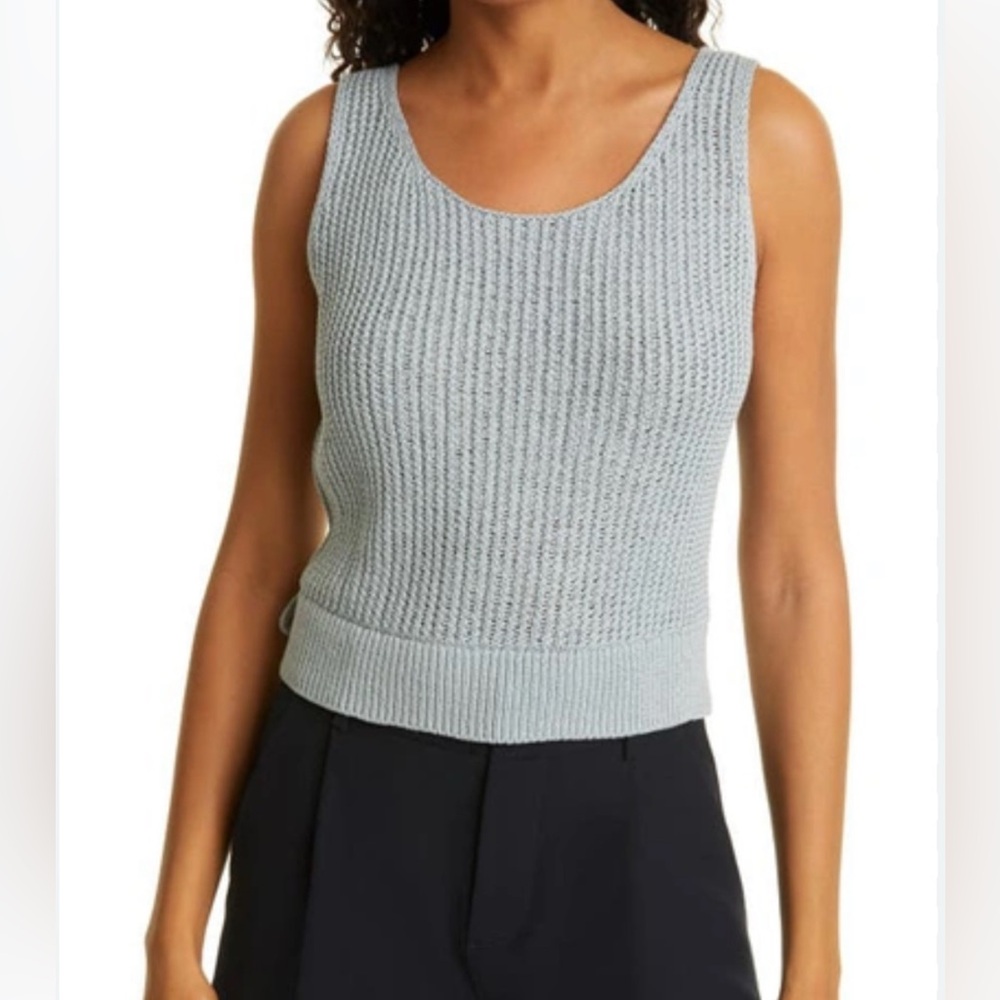New Vince Tank Top Large Crossover Ribbed Cotton Sweater Gray‎ Fog Knit Side Tie - Picture 2 of 13